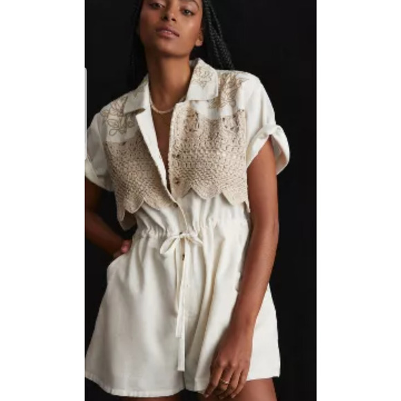 Anthropologie Pants - NEW Anthropologie Cotton Crocheted Romper Size 4 Linen Blend
